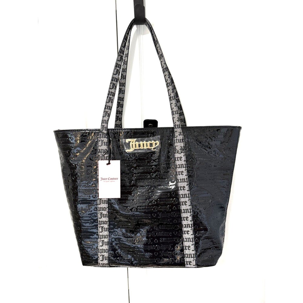 NEW JUICY COUTURE BLACK RULE BREAKER TOTE BAG PURSE GLOSSY FAUX LEATHER LOGO NWT